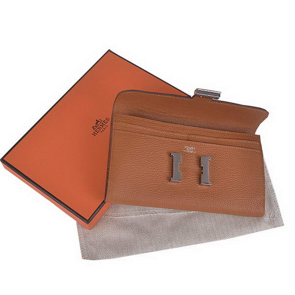 Cheap Fake Hermes Constance Long Wallets Camel Calfskin Leather Silver